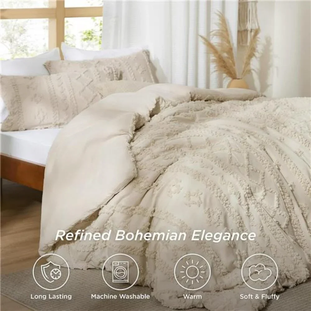 Boho Comforter Set Queen Size - Beige Boho Bed Set, GentleSoft™